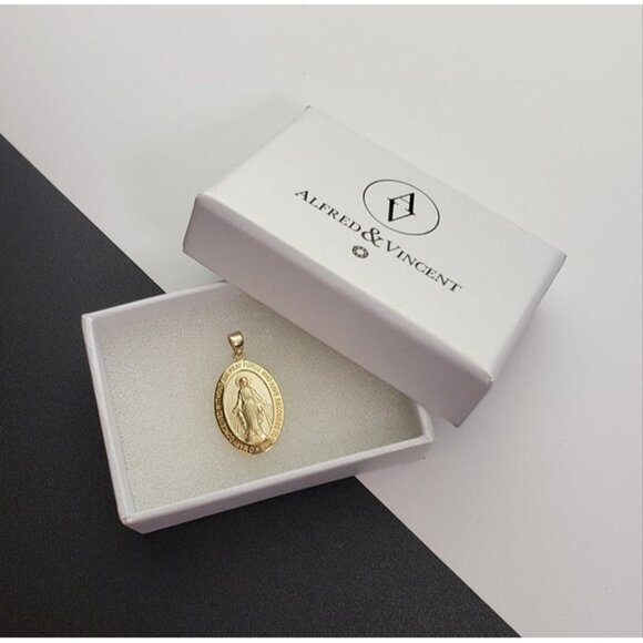 Mother Mary Miraculous Medal and Marian Cross Pendant in Solid 14k